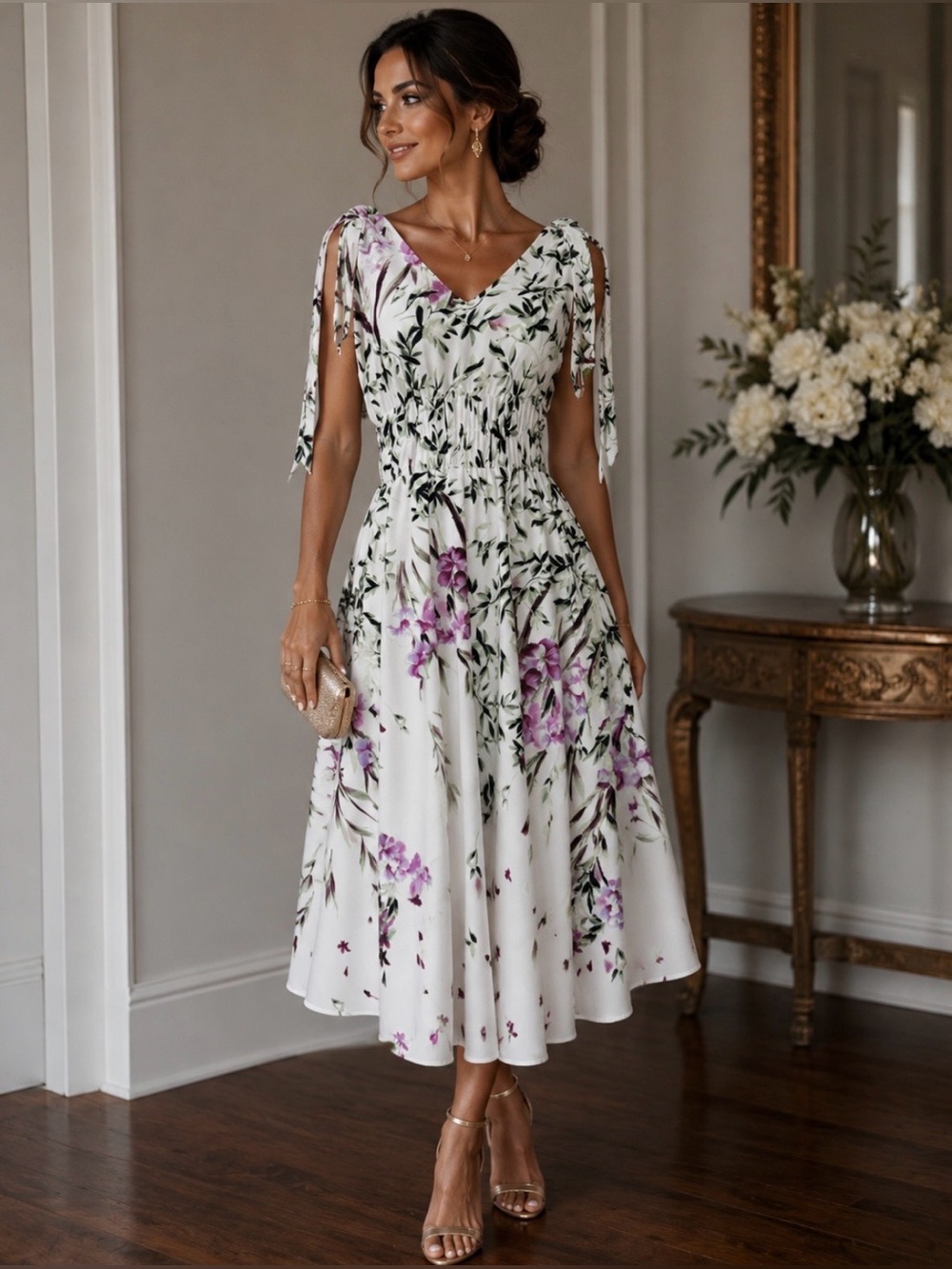 White Midi Dress with Purple Floral Print and Tie Shoulders